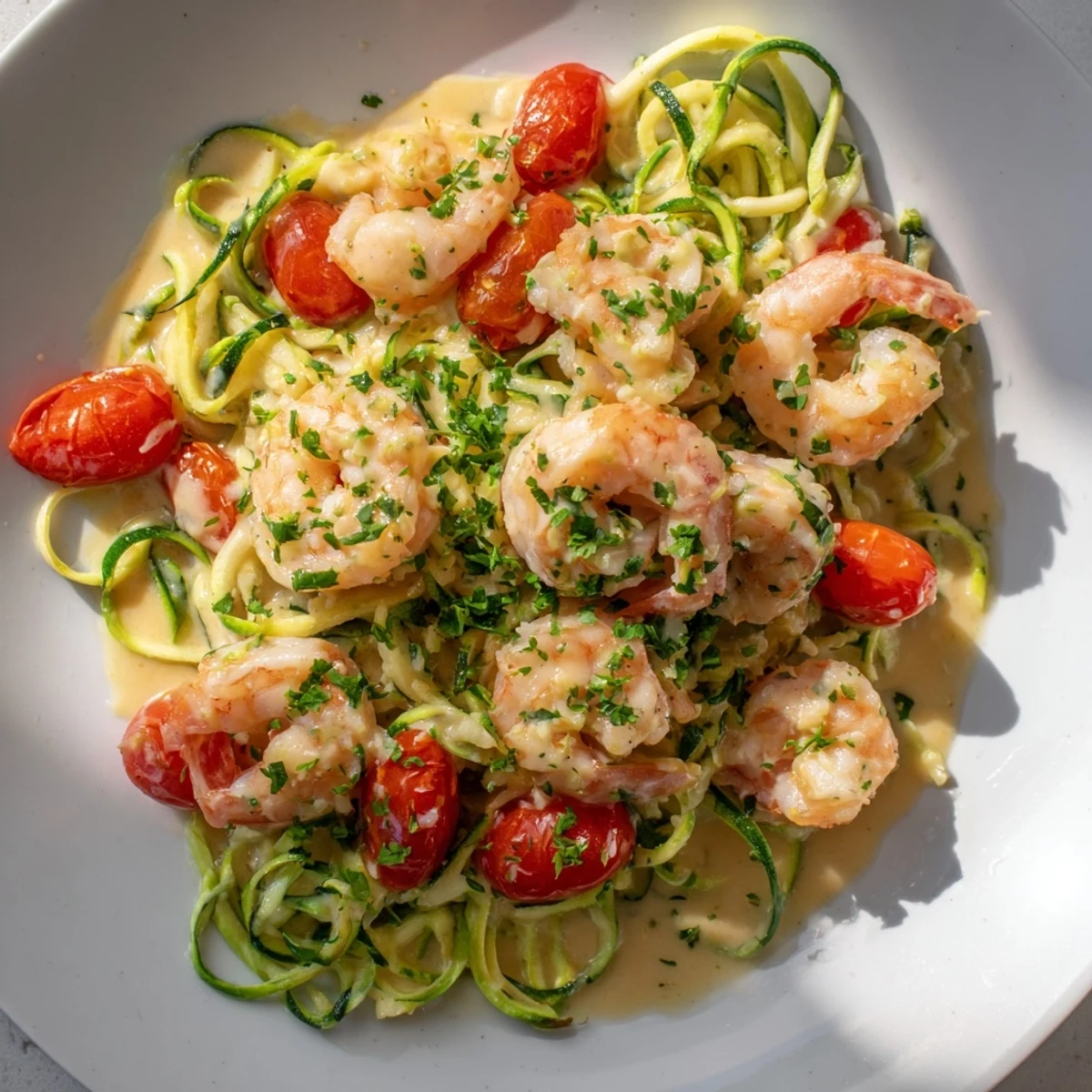 Sizzling creamy garlic shrimp with zucchini noodles, glistening and ready to eat with fresh parsley.