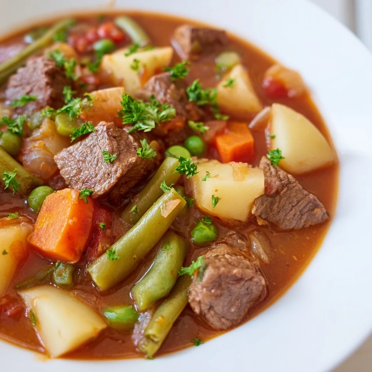 Steaming bowl of Beef Vegetable Soup with potatoes, a hearty family meal with tender beef and veggies.