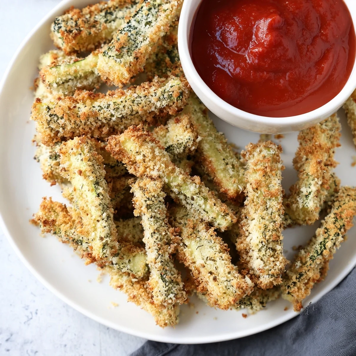 Golden-brown baked zucchini fries with a side of vibrant, steaming marinara dipping sauce.