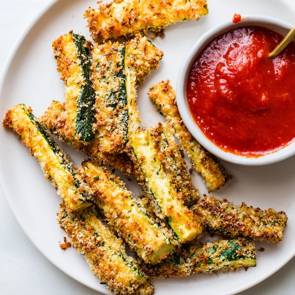 Enjoy these flavorful baked zucchini fries, a healthy snack, ready for dipping in warm marinara.