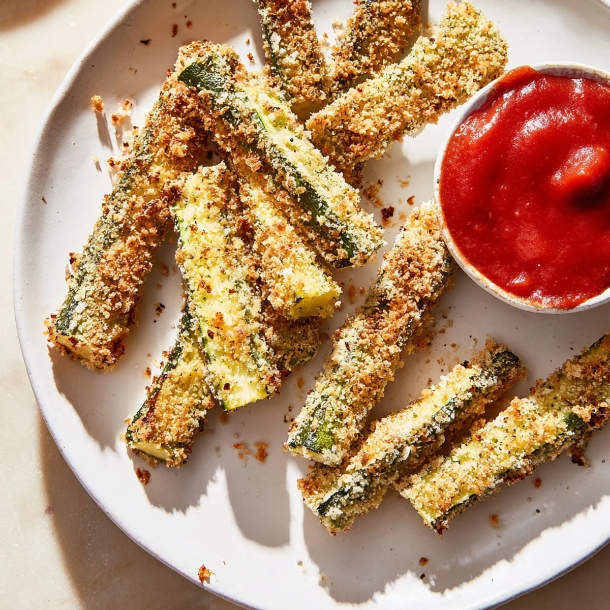 Crispy, oven-baked zucchini fries are piled next to a bowl of rich, homemade marinara dipping sauce.