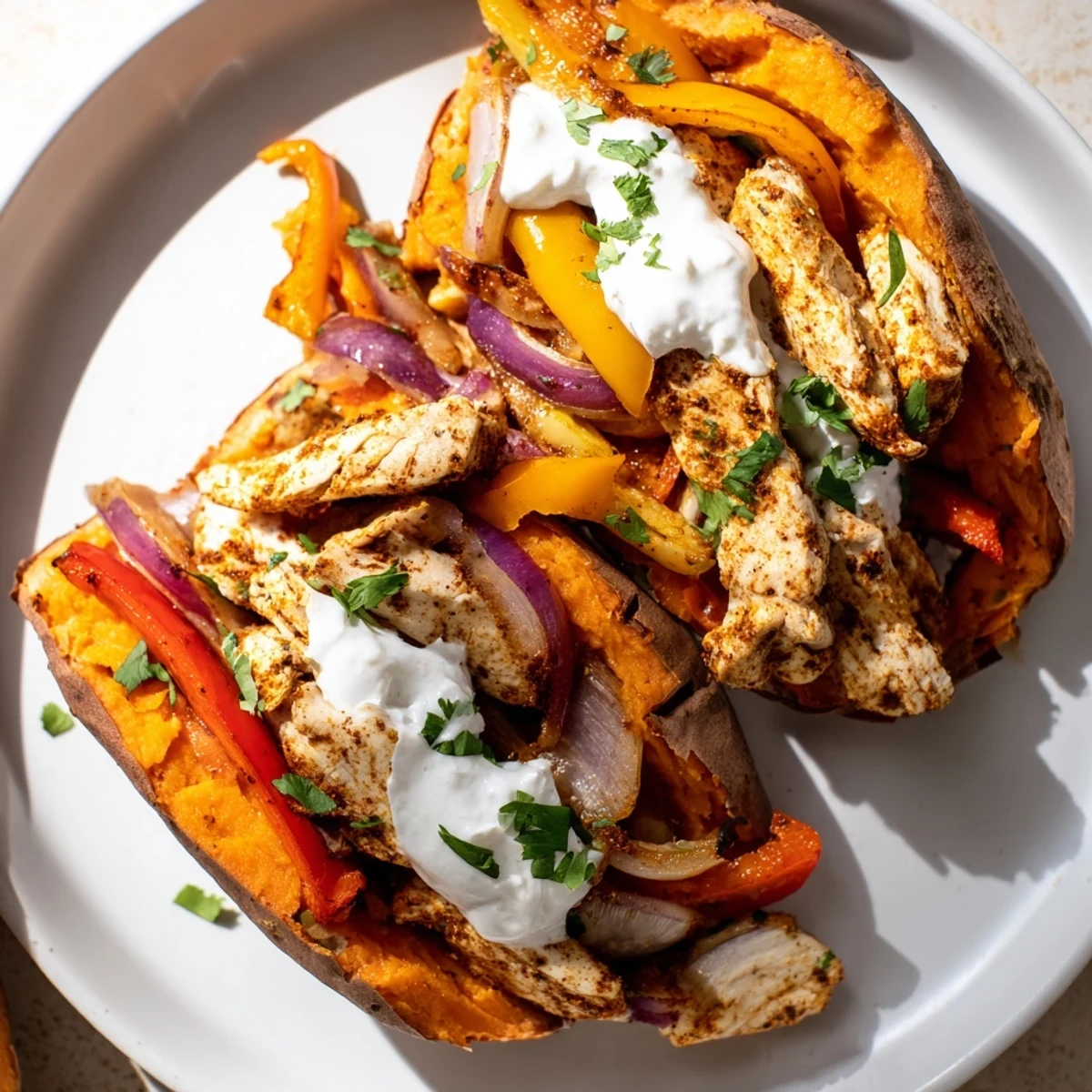 Savory Chicken Fajita Stuffed Sweet Potatoes, a hearty Tex-Mex meal; imagine the tender sweet potatoes.