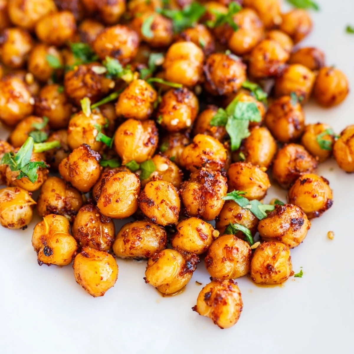 Golden brown spicy roasted chickpeas with cumin and chili on a baking sheet, garnished with cilantro and lime wedges.