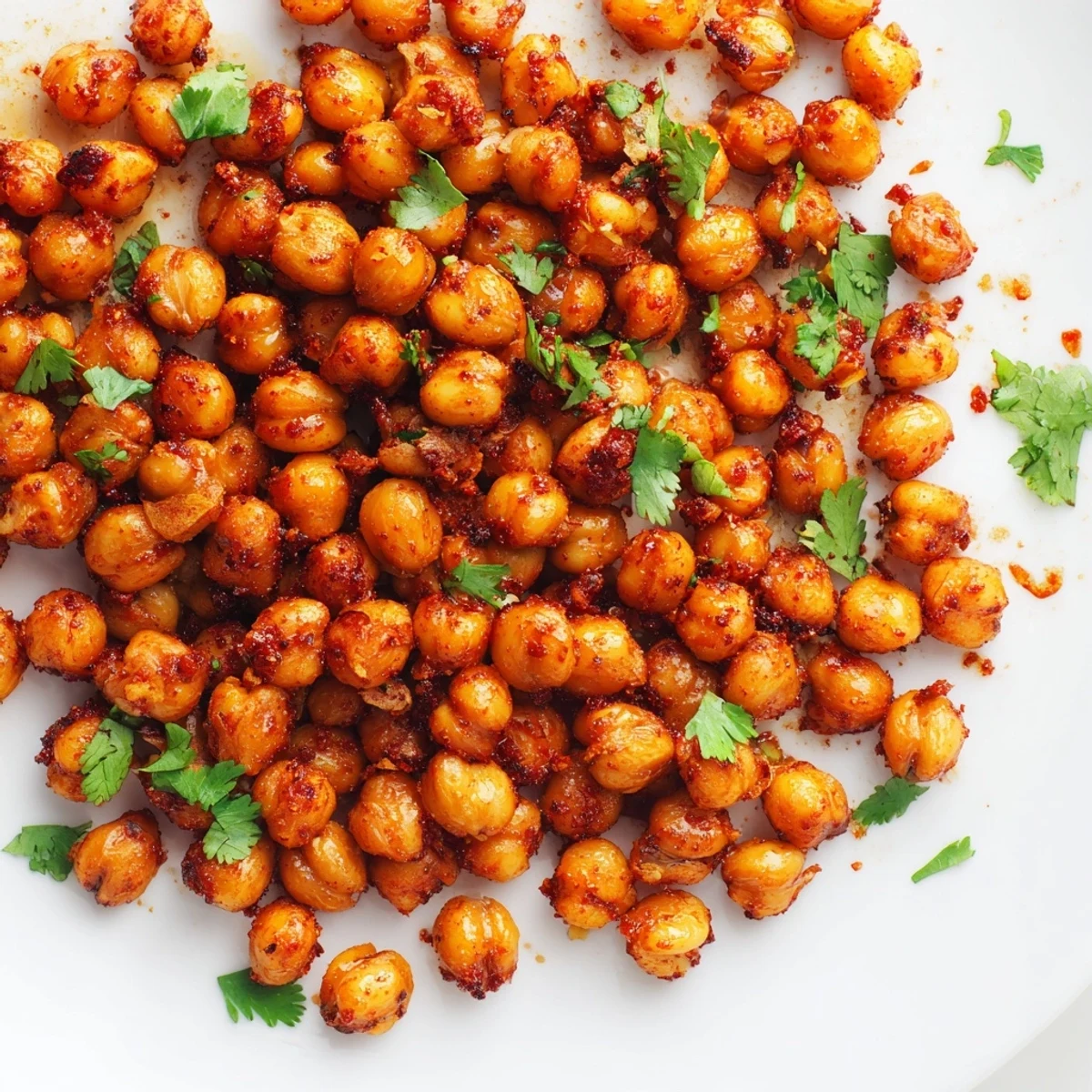 Healthy vegan spicy roasted chickpeas with cumin and chili as a salad topper, offering a smoky, bold flavor.