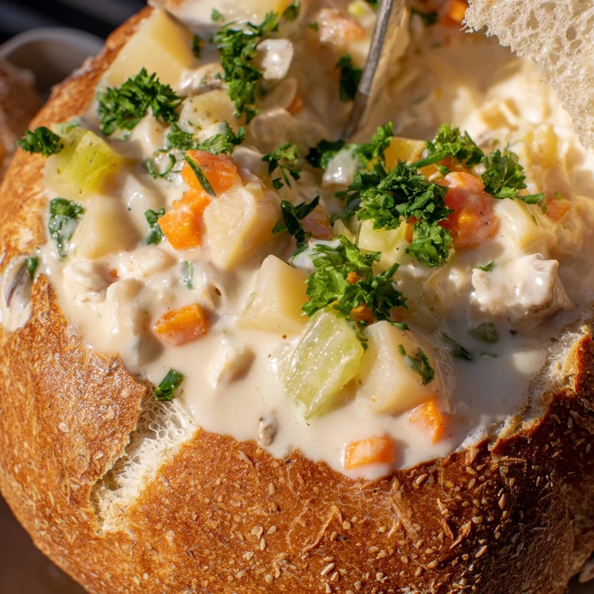 A warm, crusty sourdough bread bowl filled with creamy New England clam chowder, garnished with fresh parsley.