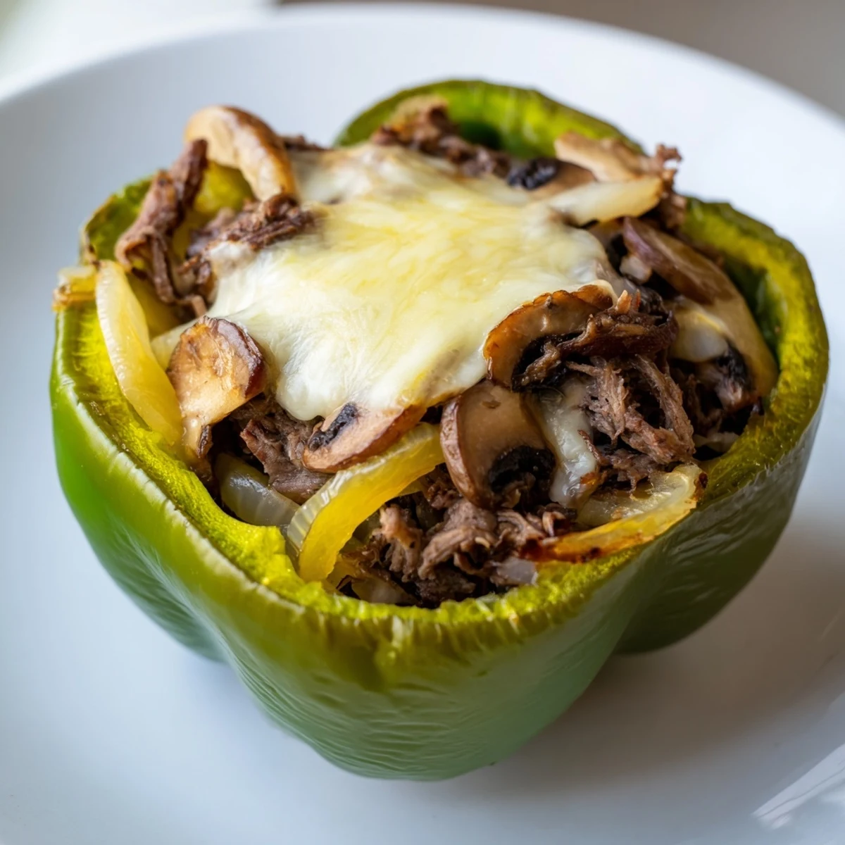 Golden bubbly cheese tops these savory Beef Philly Cheesesteak Stuffed Peppers on a plate.