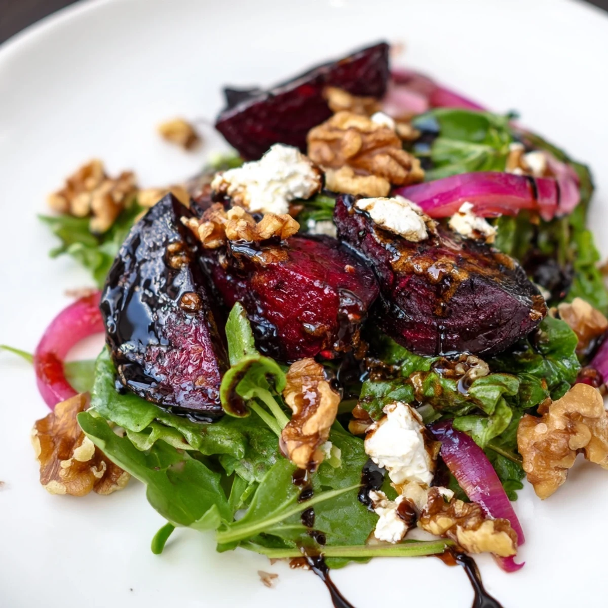 Vibrant red and gold roasted beet salad with creamy goat cheese crumbles and toasted walnuts on mixed greens.