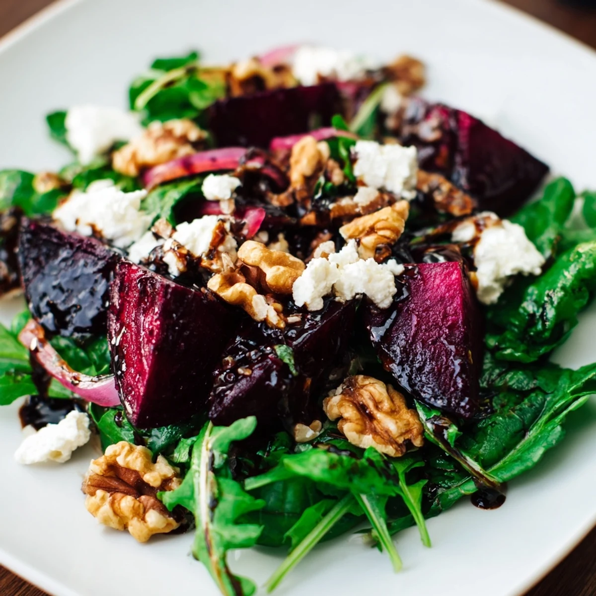Drizzled with tangy balsamic vinaigrette, this Roasted Beet Salad with Goat Cheese Crumbles is served on a rustic plate.
