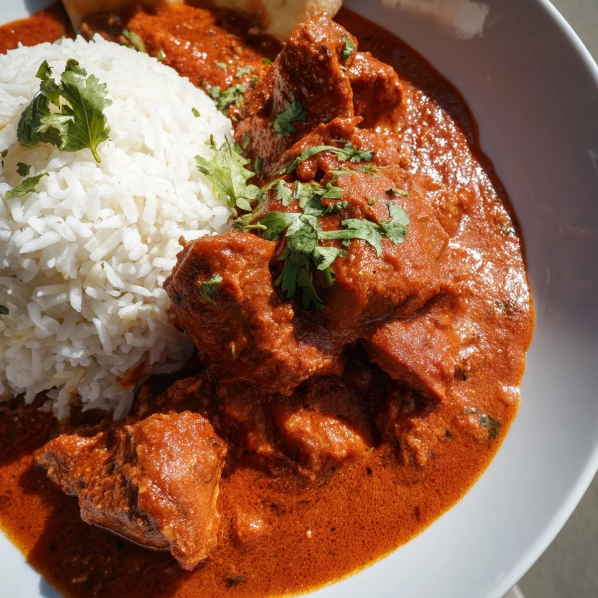 Golden-brown grilled chicken tikka masala in a creamy tomato sauce, served with fluffy basmati rice and warm naan.