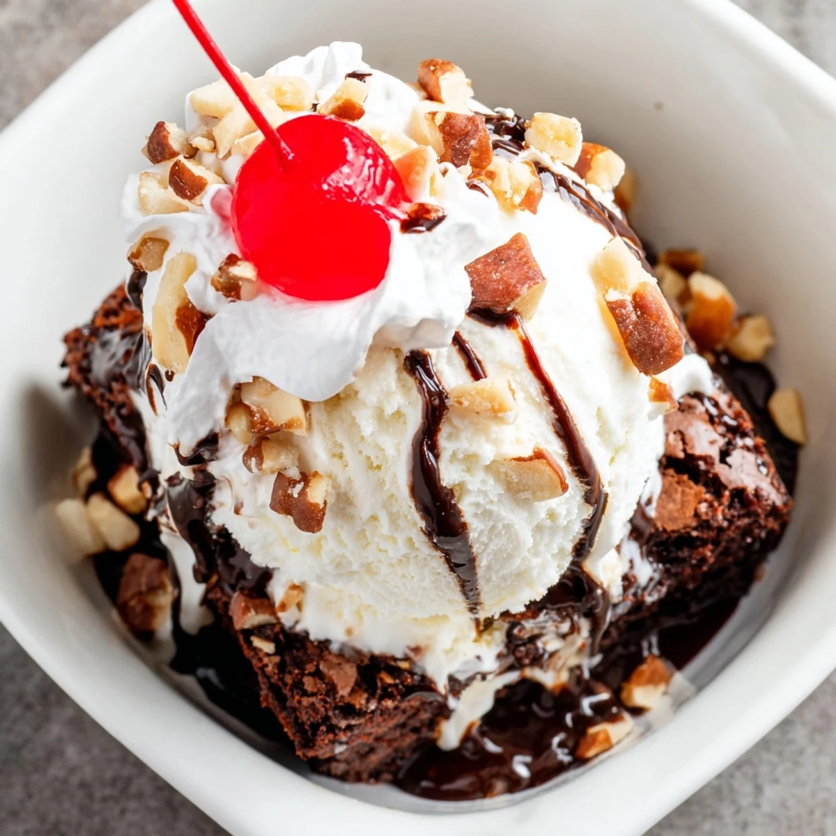 Warm, fudgy squares of the Chocolate Brownie Sundae with Hot Fudge Sauce are topped with melting vanilla ice cream and a glossy, homemade sauce.