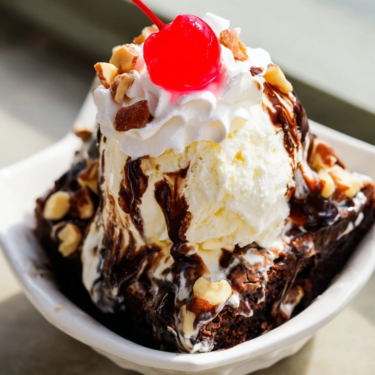 Decadent Chocolate Brownie Sundae with Hot Fudge Sauce is served with a tall scoop of vanilla ice cream, toasted nuts, and a bright cherry.