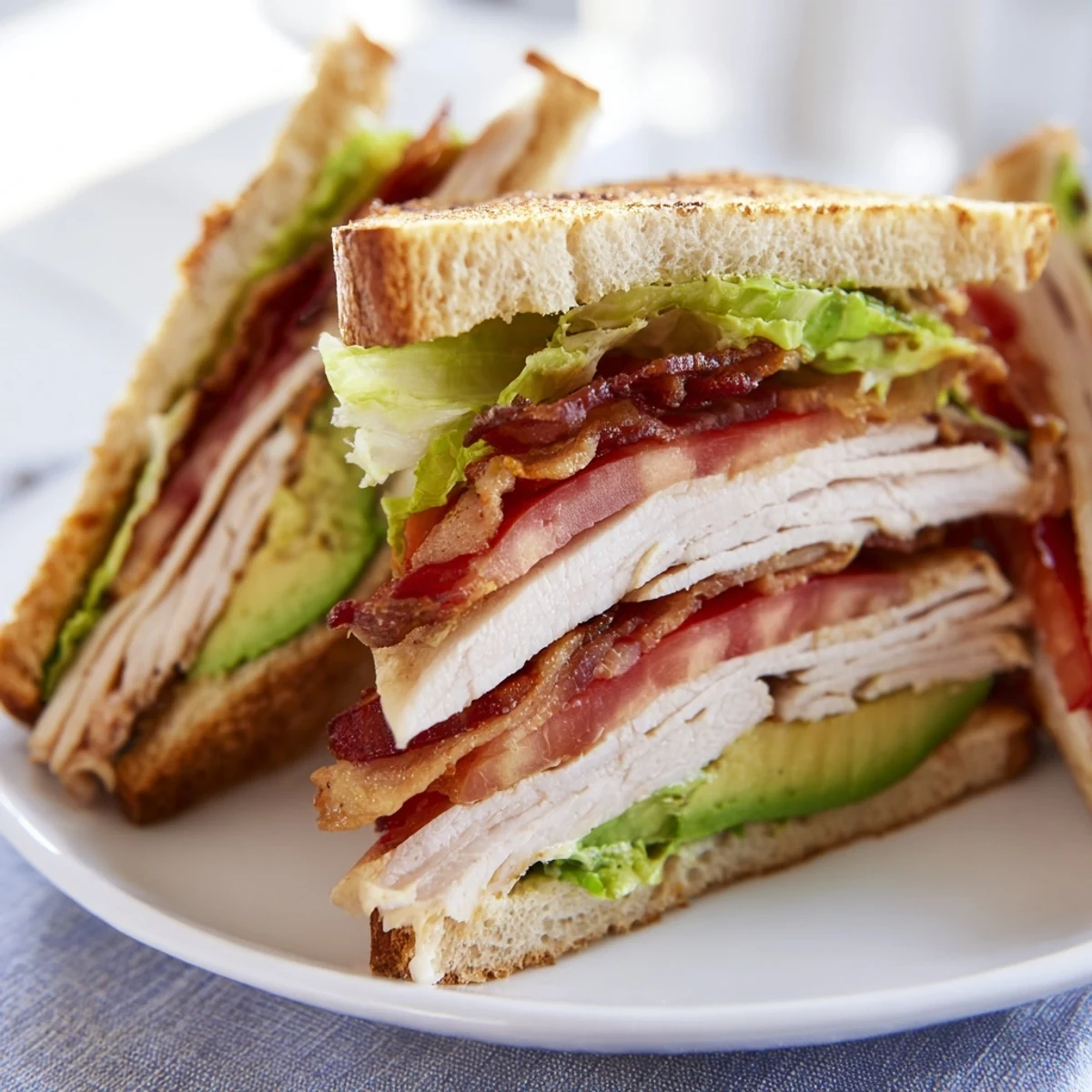 Triple-decker Turkey Club Sandwich with Turkey Bacon and Avocado, cut in half on a plate with a side of sweet potato fries.