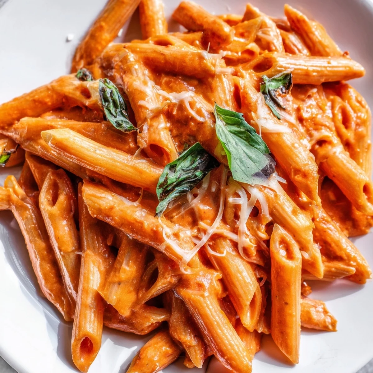 Creamy Tomato Pasta with Fresh Basil Leaves twirls in a rich, velvety red sauce, garnished generously with vibrant green basil.