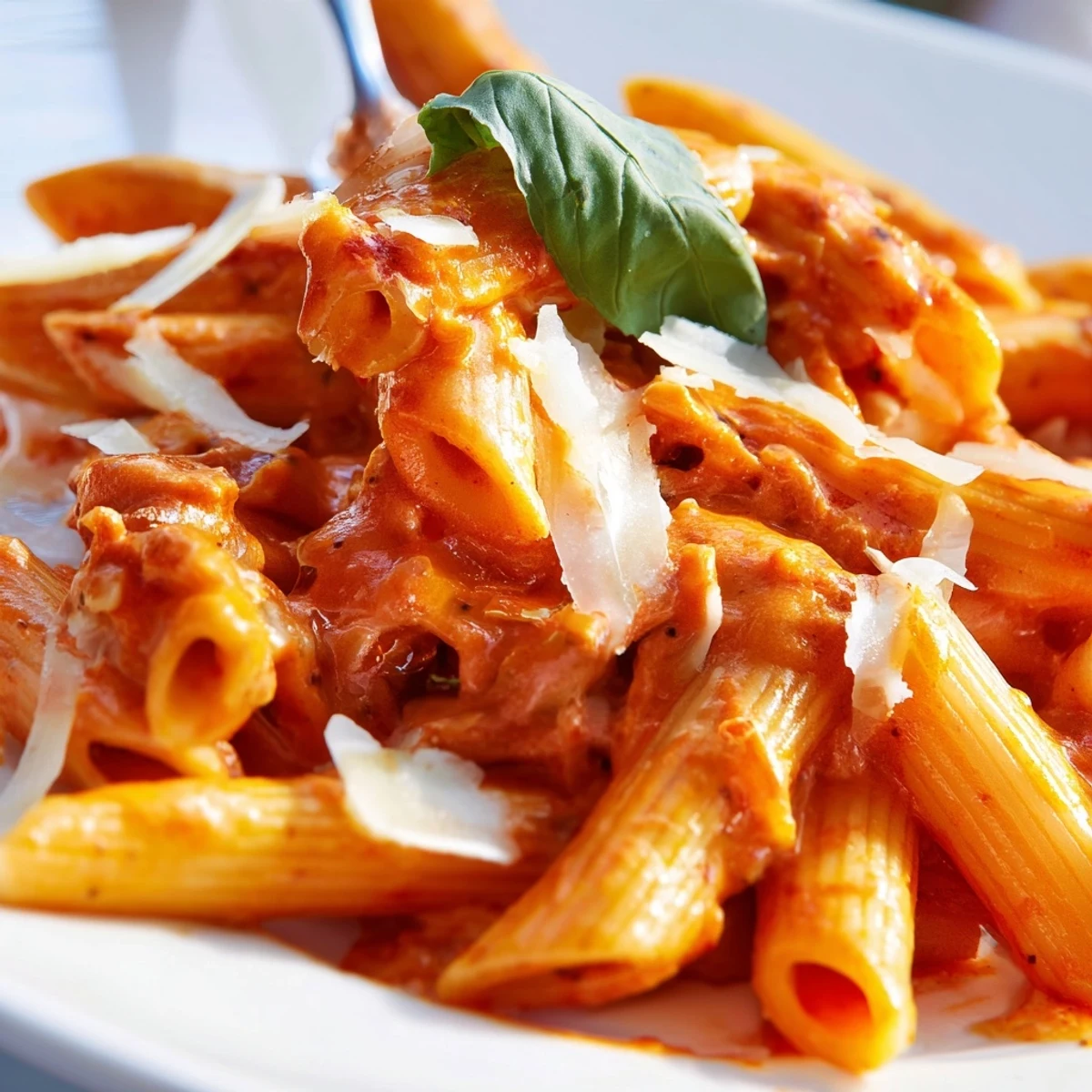 Golden light highlights the saucy Creamy Tomato Pasta with Fresh Basil Leaves, ready for a comforting weeknight vegetarian dinner.