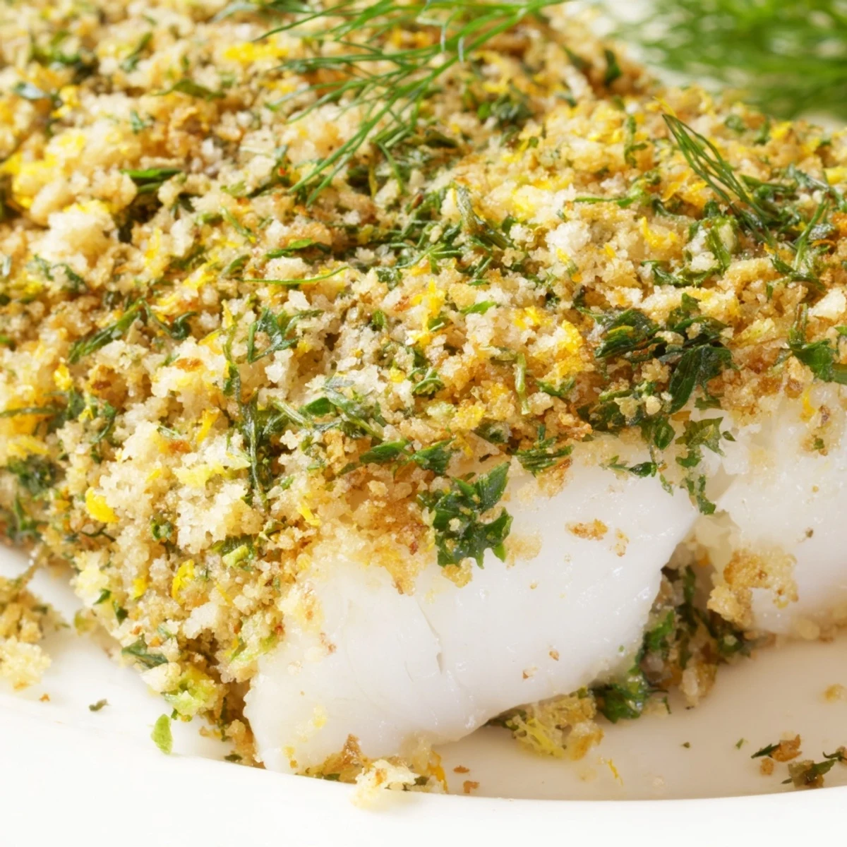 Freshly baked hake fillets topped with a vibrant herb crust, ready to serve on a baking tray.