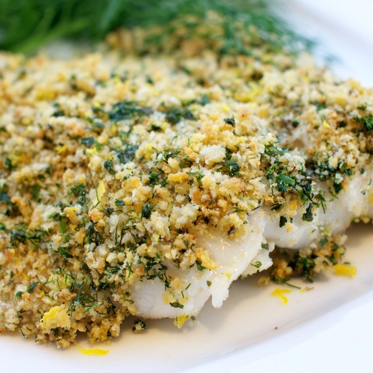 Golden-brown baked hake fillets with a zesty lemon and herb crust, served with fresh lemon wedges.