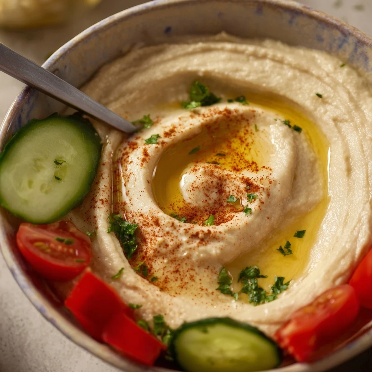 Mediterranean Hummus Platter with Fresh Veggies is beautifully arranged with creamy hummus, colorful bell peppers, and crisp cucumber slices.