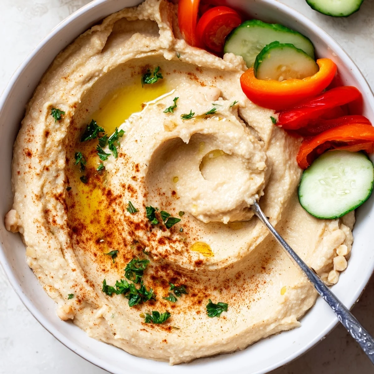 A Mediterranean Hummus Platter with Fresh Veggies is topped with paprika and parsley, surrounded by carrots and radishes on a board.