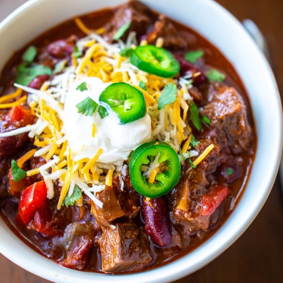 Steaming Slow Cooker Beef Chili with Kidney Beans is topped with sour cream, shredded cheddar, and sliced jalapeños.